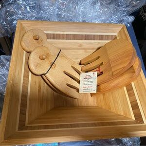 Vintage Bamboo " hands" 2 sets  Salad Servers with Bamboo Serving Bowl unused.